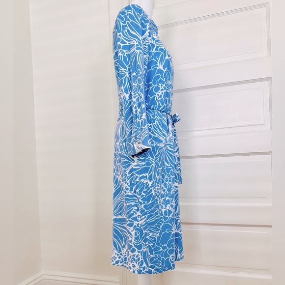 Talbots Blue and White Floral Stretch Shirtdress, Size Large - Picture 2 of 13